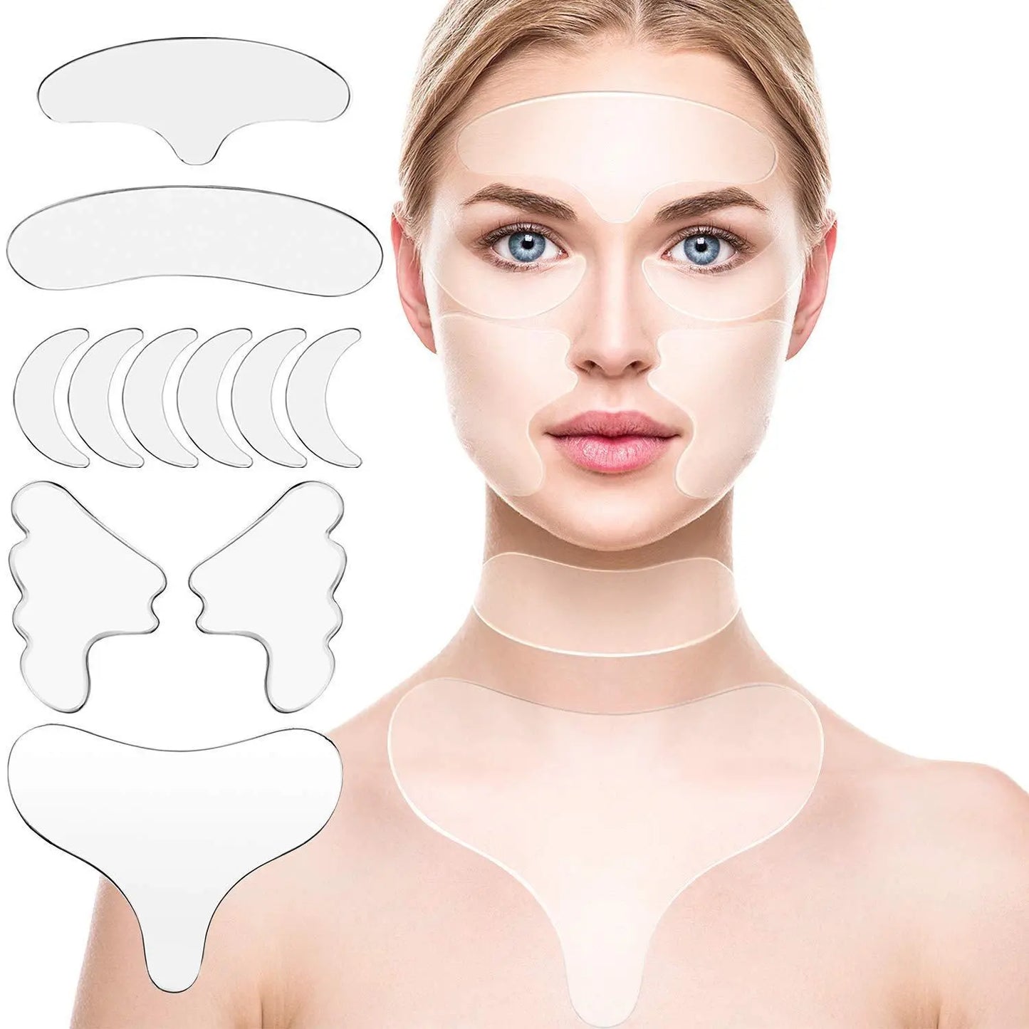 KIT SKIN-SOFY. Elimine as rugas na área da face. Patchs em silicone transparente Adesivos anti-rugas em silicone nível medicinal reutilizável